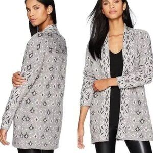 Lucky Brand Lauryn Gray Open Cardigan Diamond Aztec Black Gray Sweater Large